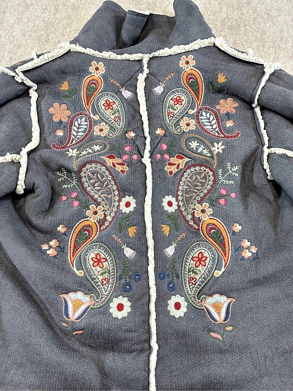 Johnny Was Biya Women's Sherpa Lined Embroidered Paisley Coat Gray Size S - Picture 15 of 16